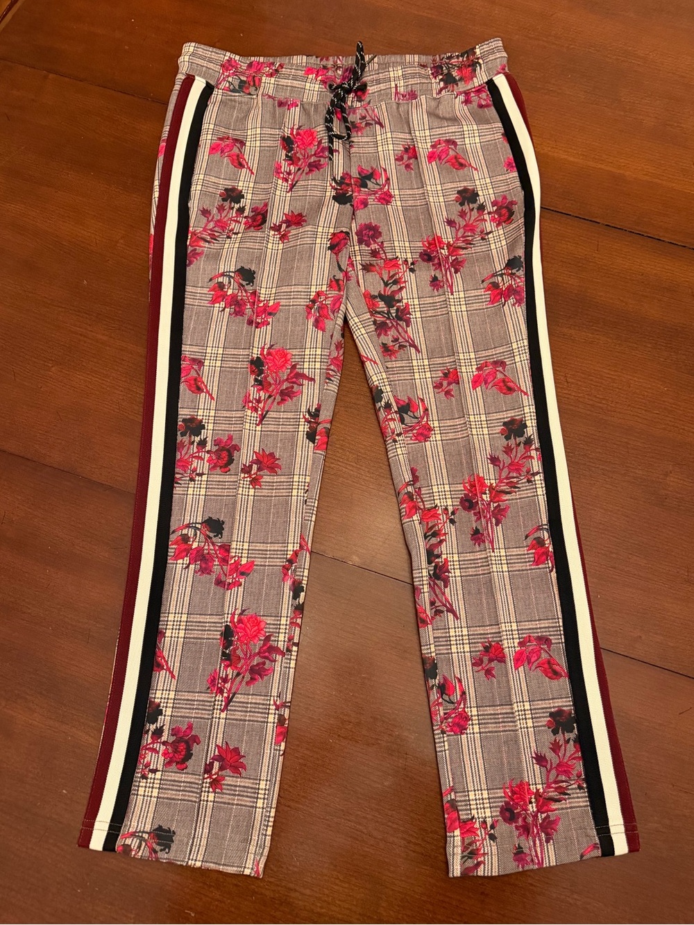 Pam & Gela Plaid Pink Floral Jogger Pants w/ Side Ribbon Detail Size S